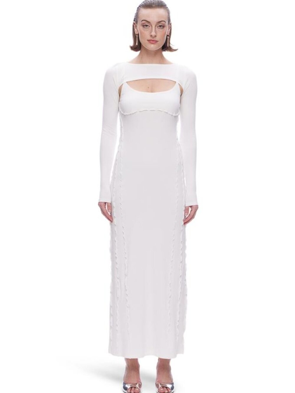VIAVIA.LIVE Women's Lettuce Edge Maxi Dress Shrug Set Size M In White